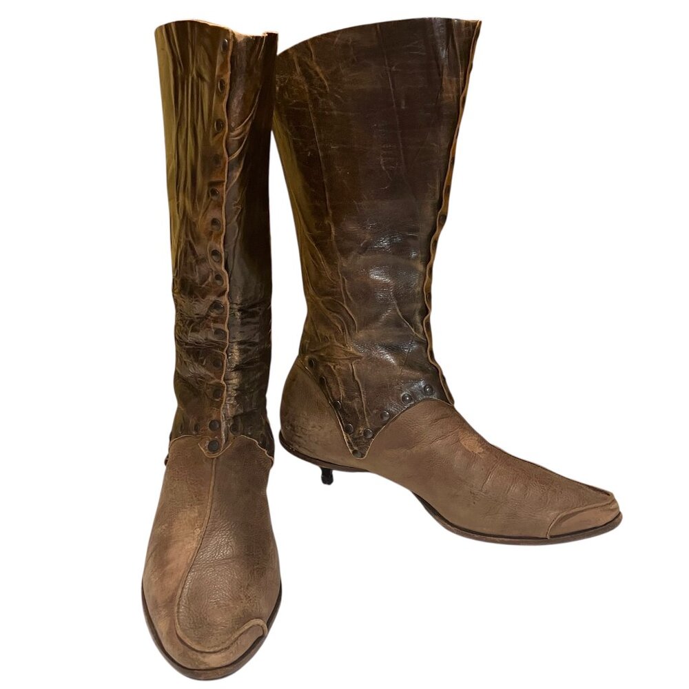 Vtg CYDWOQ distressed leather studded Victorian steampunk brown boots 37 7 6.5